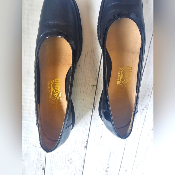 Salvatore Ferragamo Black Leather Slip on Loafers Luxury Wedges Round Toe - Picture 9 of 16